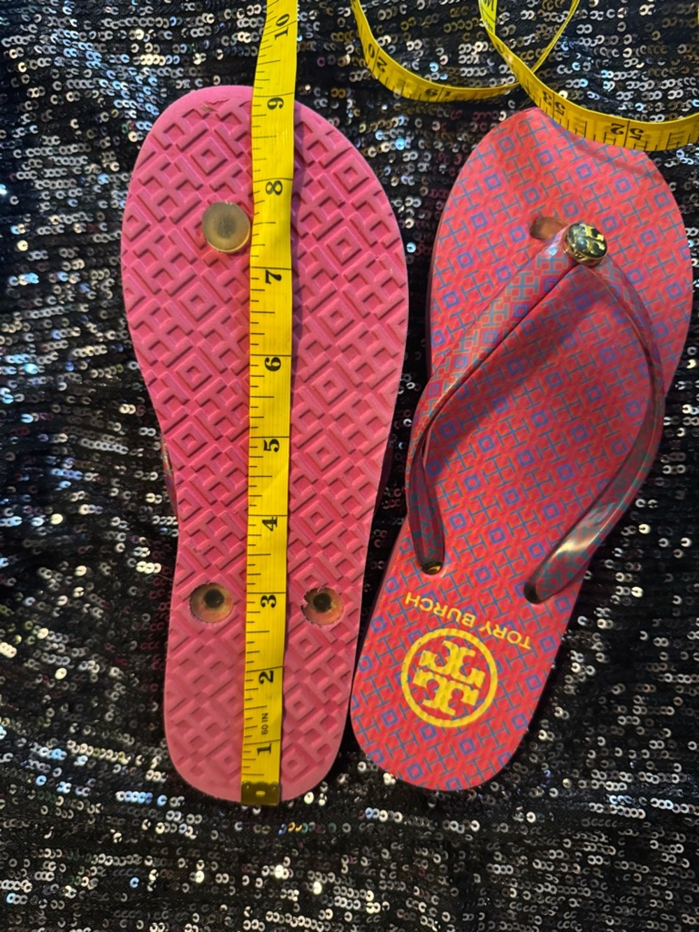 Tory Burch Pink and Blue Patterned Logo Flip Flops - Picture 13 of 14